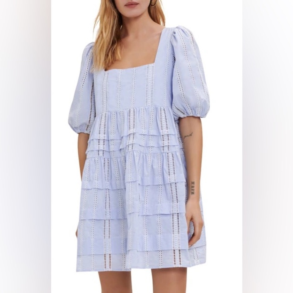 Maje Eyelet Embroidery Trim Dress Blue White Cotton Puff Sleeve Size 40 US L